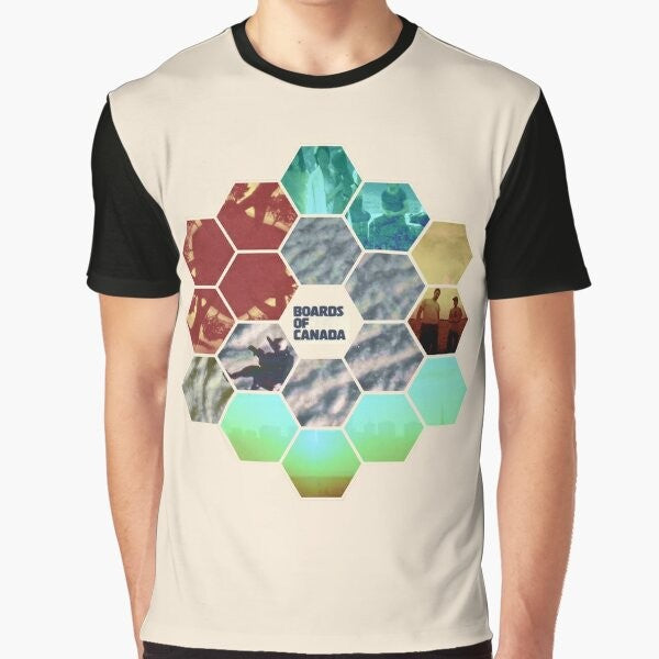 Boards of Canada Hexagon Sun Graphic T-Shirt with turquoise and green design