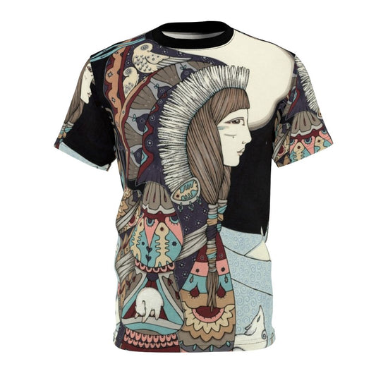 Eco-friendly all-over print t-shirt depicting Sedna, the Inuit goddess of the sea and marine animals.