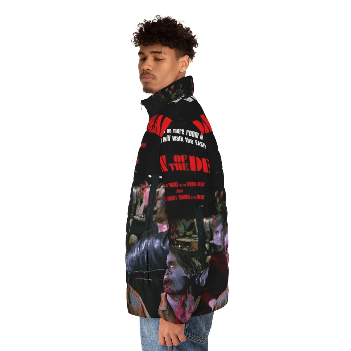 Dawn of the Dead horror-inspired puffer jacket with zombie and post-apocalyptic design - men side left