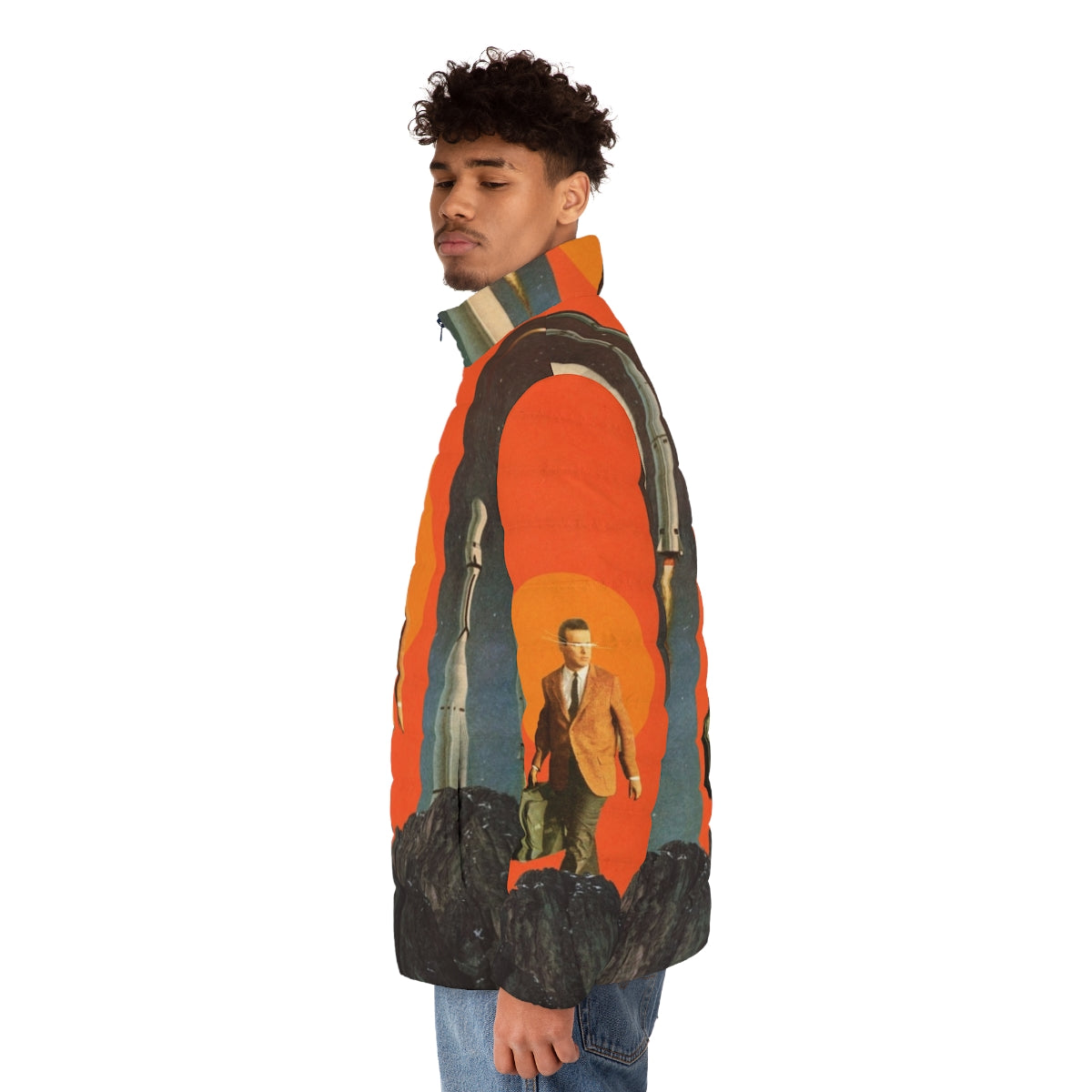 Retro puffer jacket in a surreal, vintage-inspired digital collage with space, mountains, and sky imagery - men side left