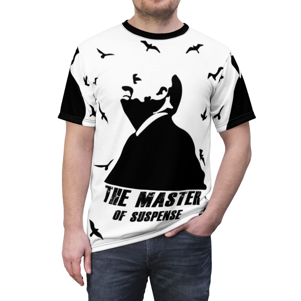 Vintage-style graphic t-shirt featuring the iconic profile of director Alfred Hitchcock, master of suspense and classic horror films like Psycho and The Birds. - men front