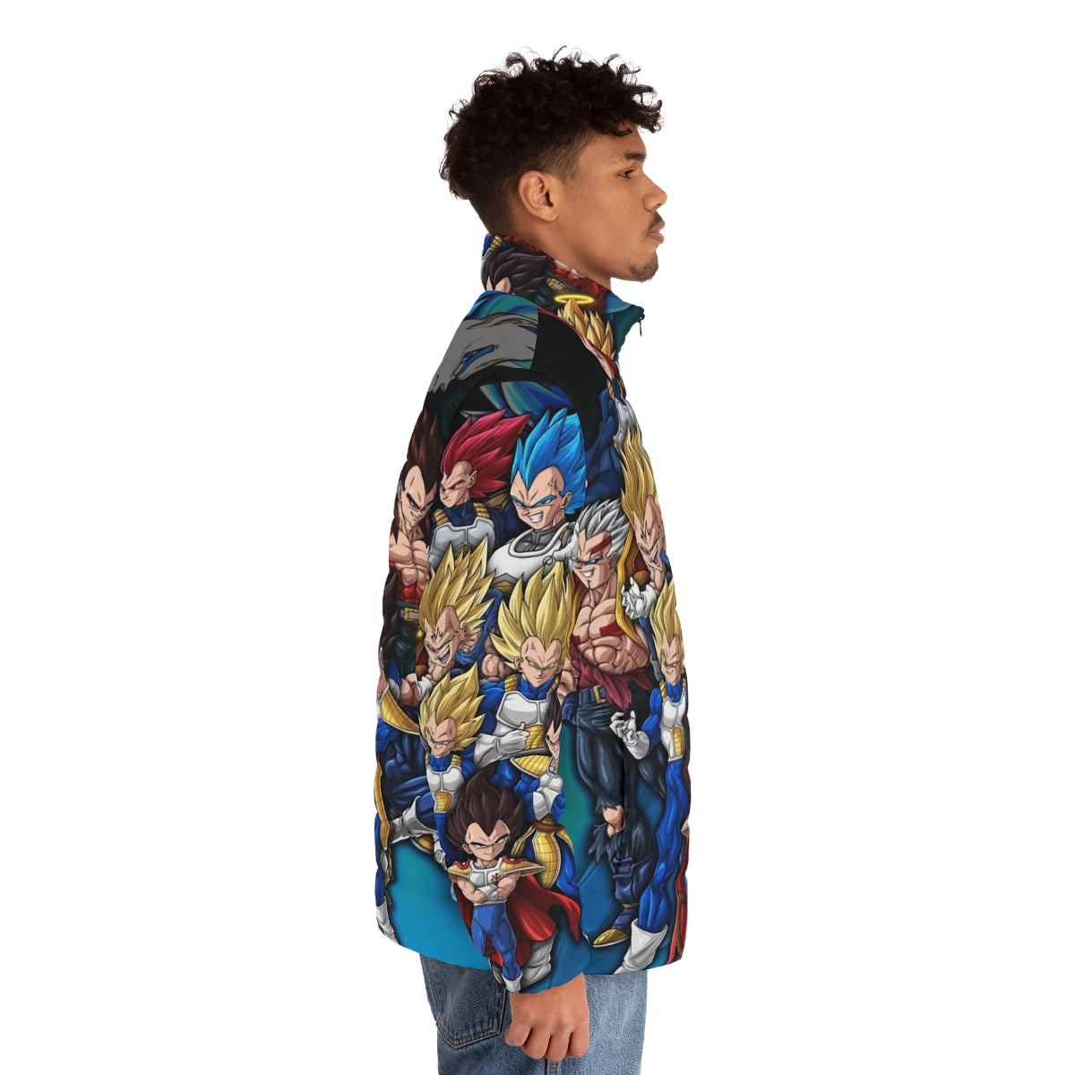 Prince Vegeta Puffer Jacket featuring digital art design of the iconic Dragon Ball Z character - men side right