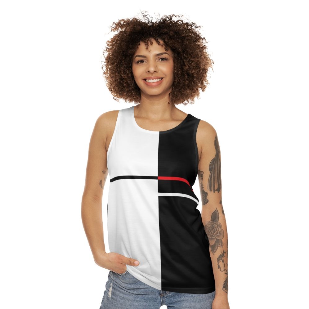 Unisex tank top with minimalist monochrome abstract art design - women