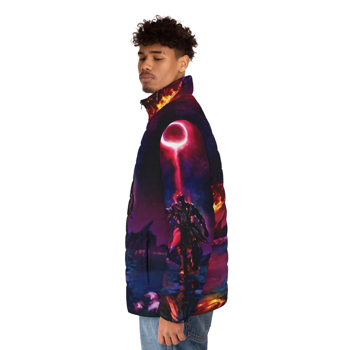 Boss of the Ring in Flames puffer jacket with dark fantasy and gaming inspired design - men side left