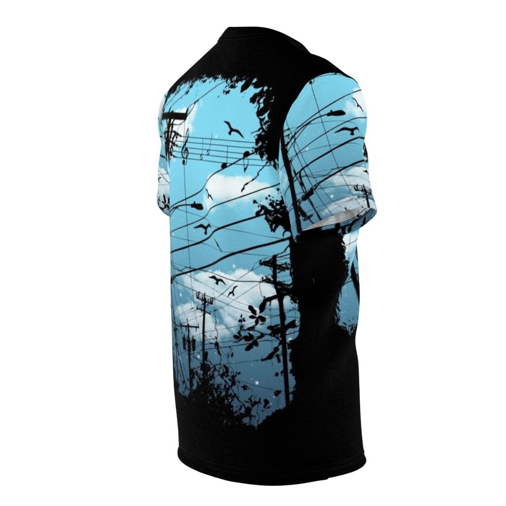 Captivating city music t-shirt featuring a design with birds, clouds, and stars against a black and blue background - men right