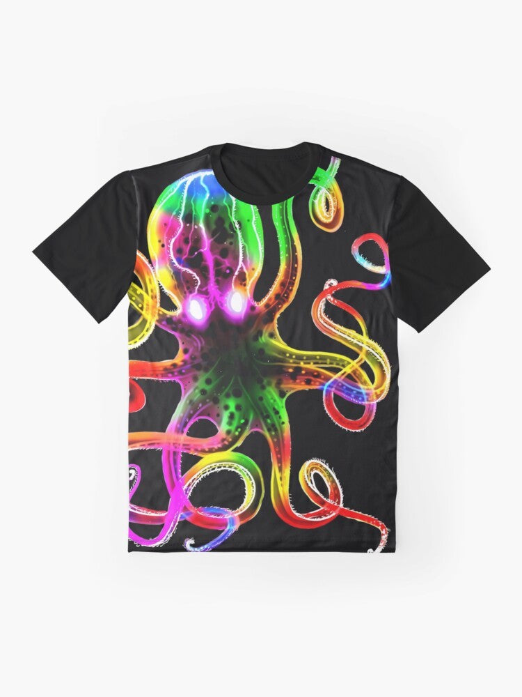 Vibrant rainbow octopus graphic on a glow-in-the-dark t-shirt design - Flat lay