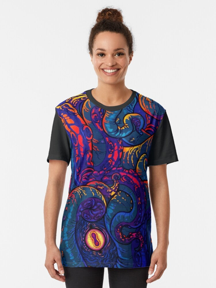 Colorful graphic t-shirt design featuring a kraken or giant squid with tentacles - Women