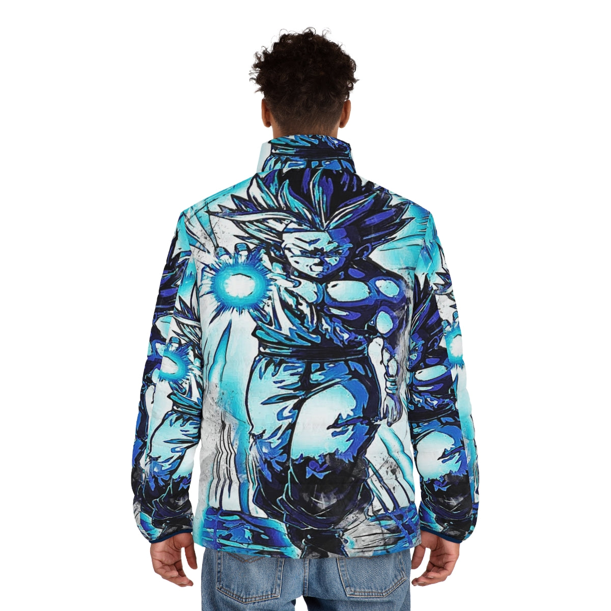 Gohan inspired puffer jacket with anime graphics - men back