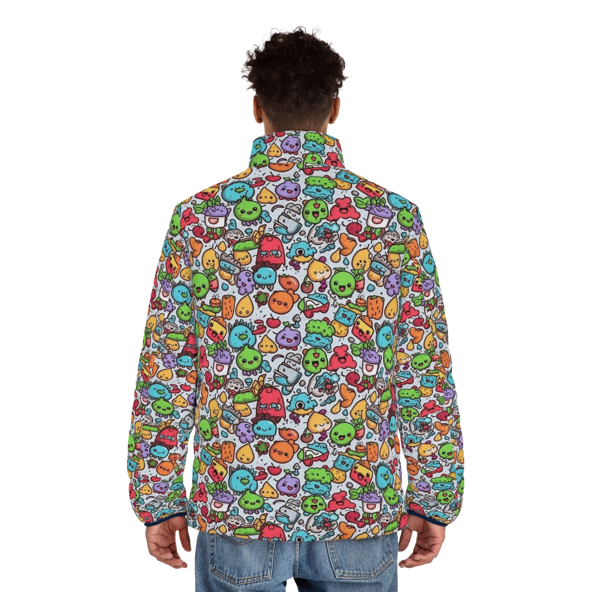 Hobbies puffer jacket with vibrant cartoon graphics of pineapple, snacks, and zoo animals - men back