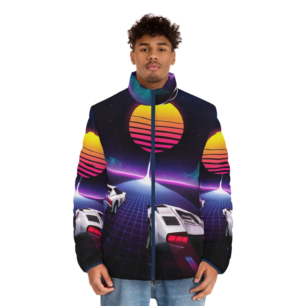 Neon Puffer Jacket with Cosmic Sky and Race Car Inspired Design - men front