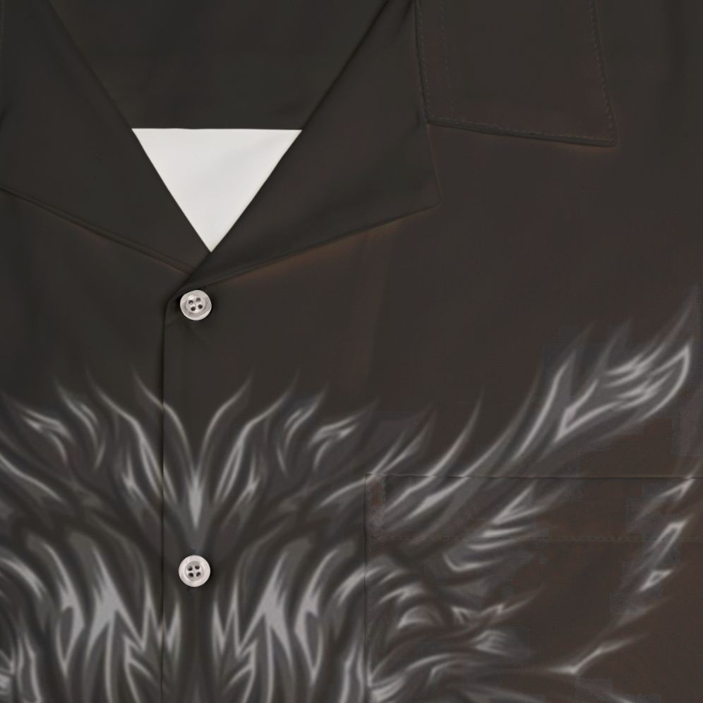 Savage wolf with black fur and red eyes printed on a Hawaiian style shirt - Detail