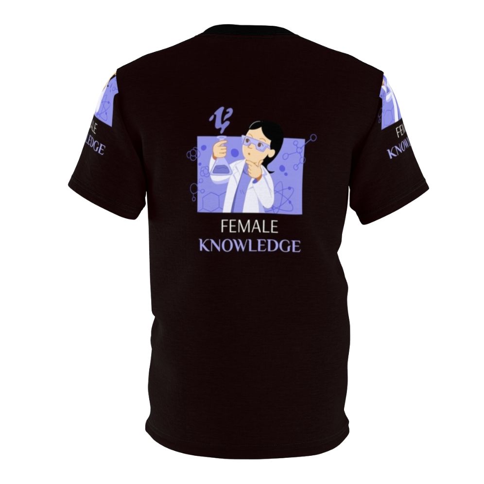 A t-shirt design featuring the text "Female Knowledge Fun Science" with symbols and imagery related to science, feminism, and female empowerment. - Back