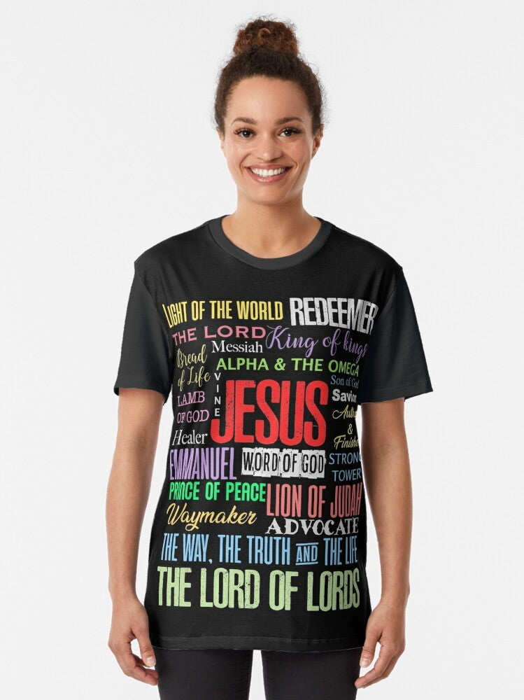 Graphic t-shirt with names of God and Lord Jesus Christ, Christian gifts design - Women