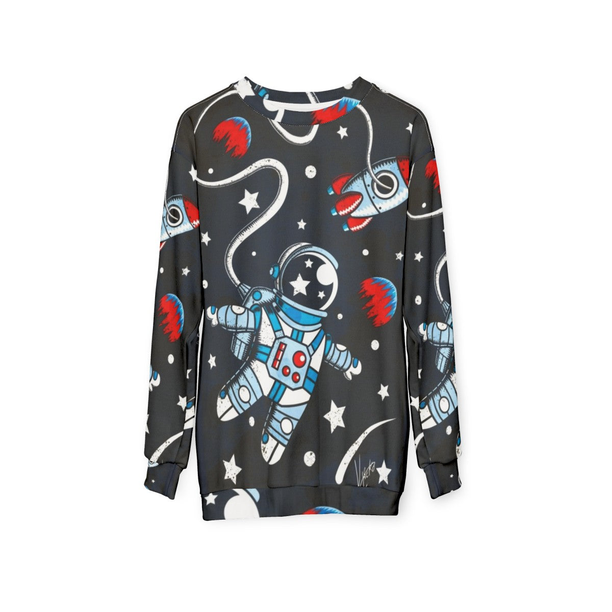 Space Walk Sweatshirt featuring a retro astronaut design - hanging