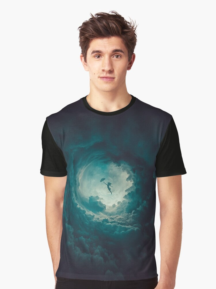 A green graphic t-shirt featuring a round design with clouds, sky, and an umbrella in a mixed media style. - Men