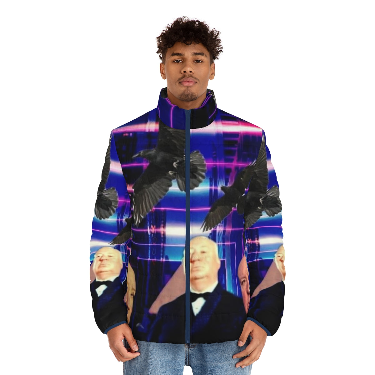 Alfred Hitchcock inspired puffer jacket with fan art design - men front