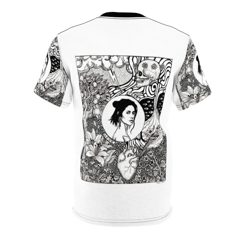 Artistic T-shirt design featuring the name and silhouette of singer-songwriter Marina Diamandis. - Back