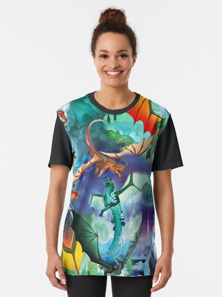 Wings of Fire dragon graphic t-shirt with all dragon patterns on a background - Women