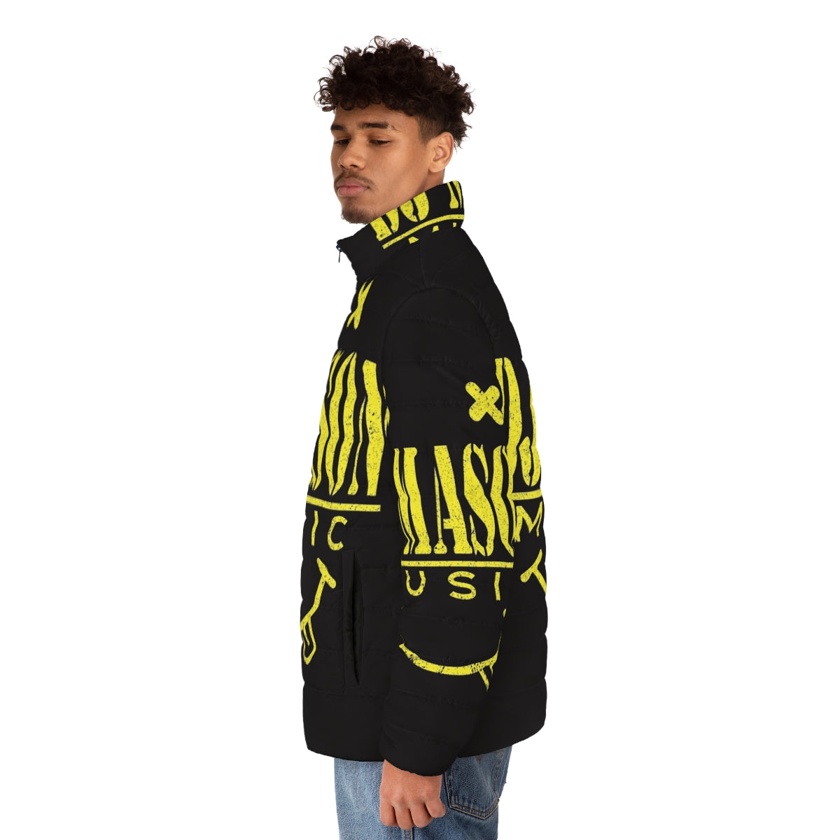 DJ Mason Smiley Face Puffer Jacket - Stylish and Comfortable Puffer Jacket with Vibrant Smiley Face Design - men side left