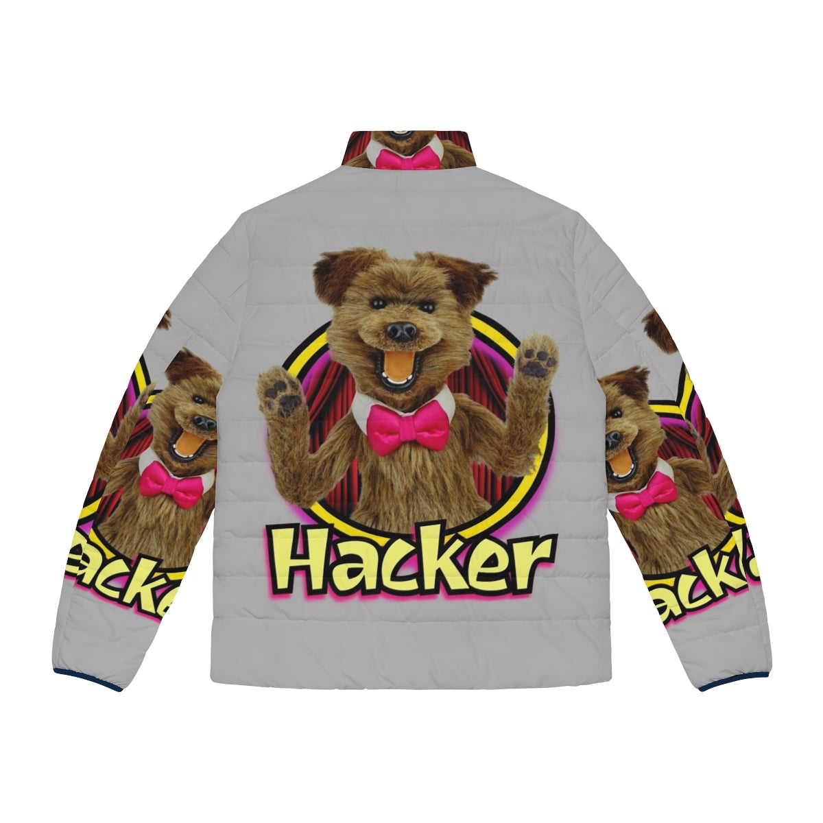 Hacker Time puffer jacket featuring a colorful retro puppet character - Back