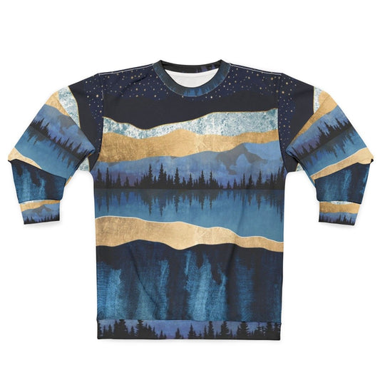 Midnight Lake Sweatshirt with nature landscape and celestial forest design