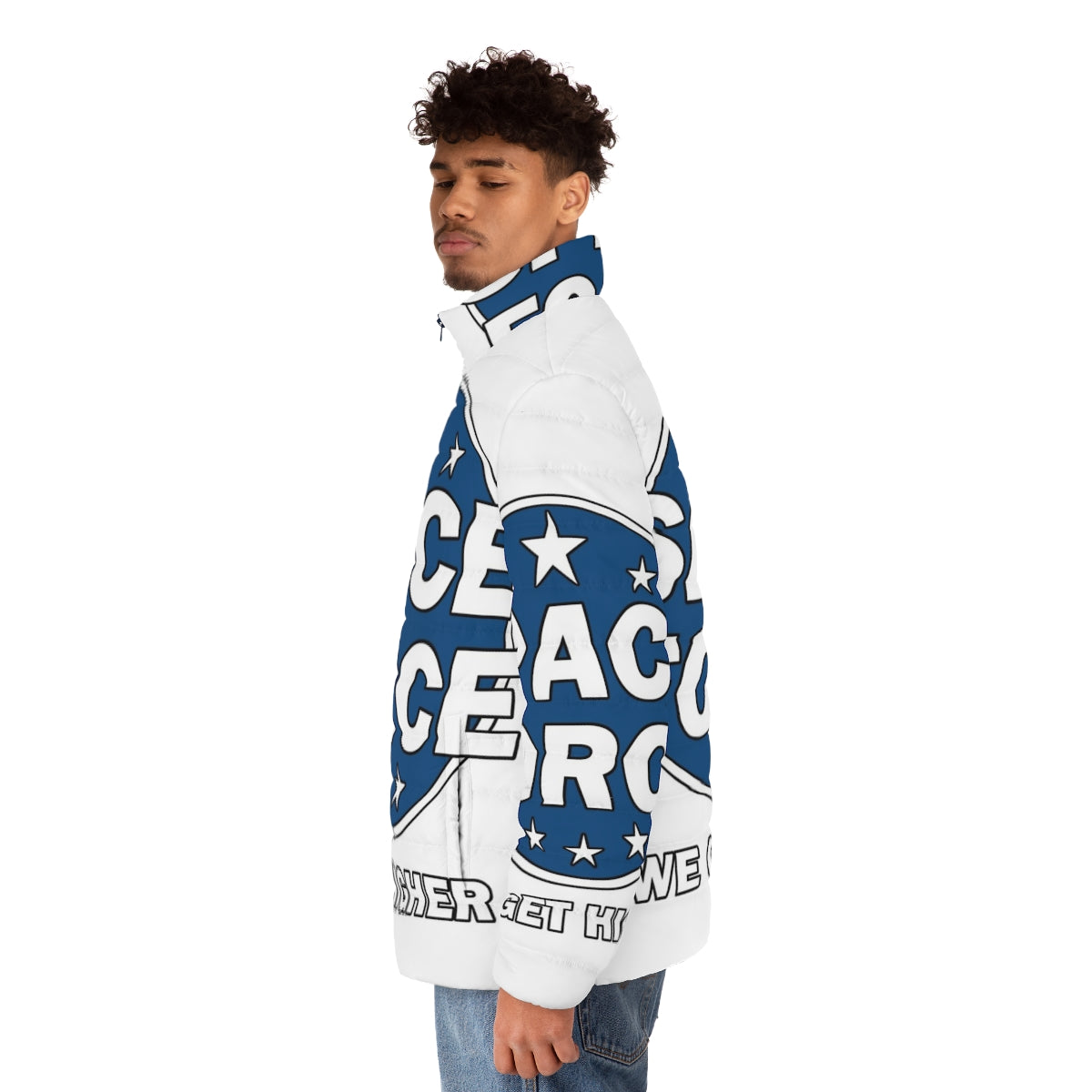 Space Force Puffer Jacket with "We Get Higher" quote from the Netflix series - men side left