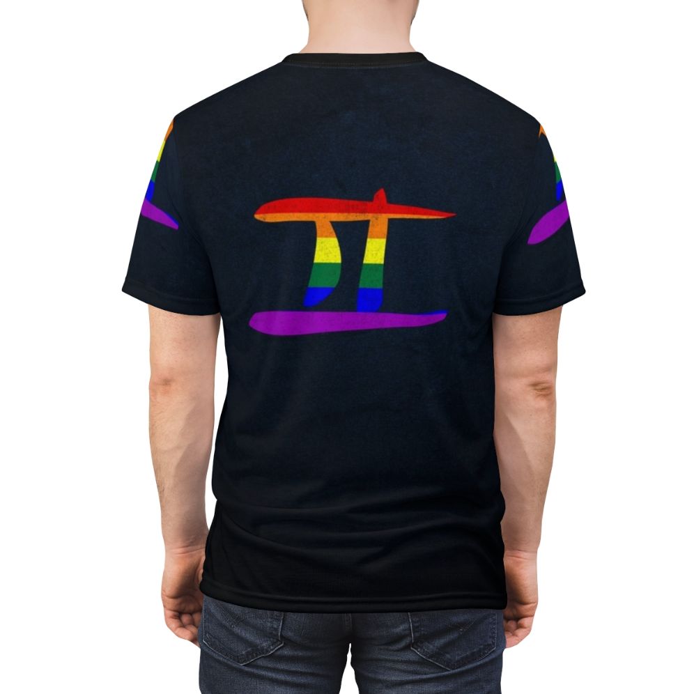 Colorful LGBTQ pride flag with Gemini zodiac symbol on a t-shirt - men back