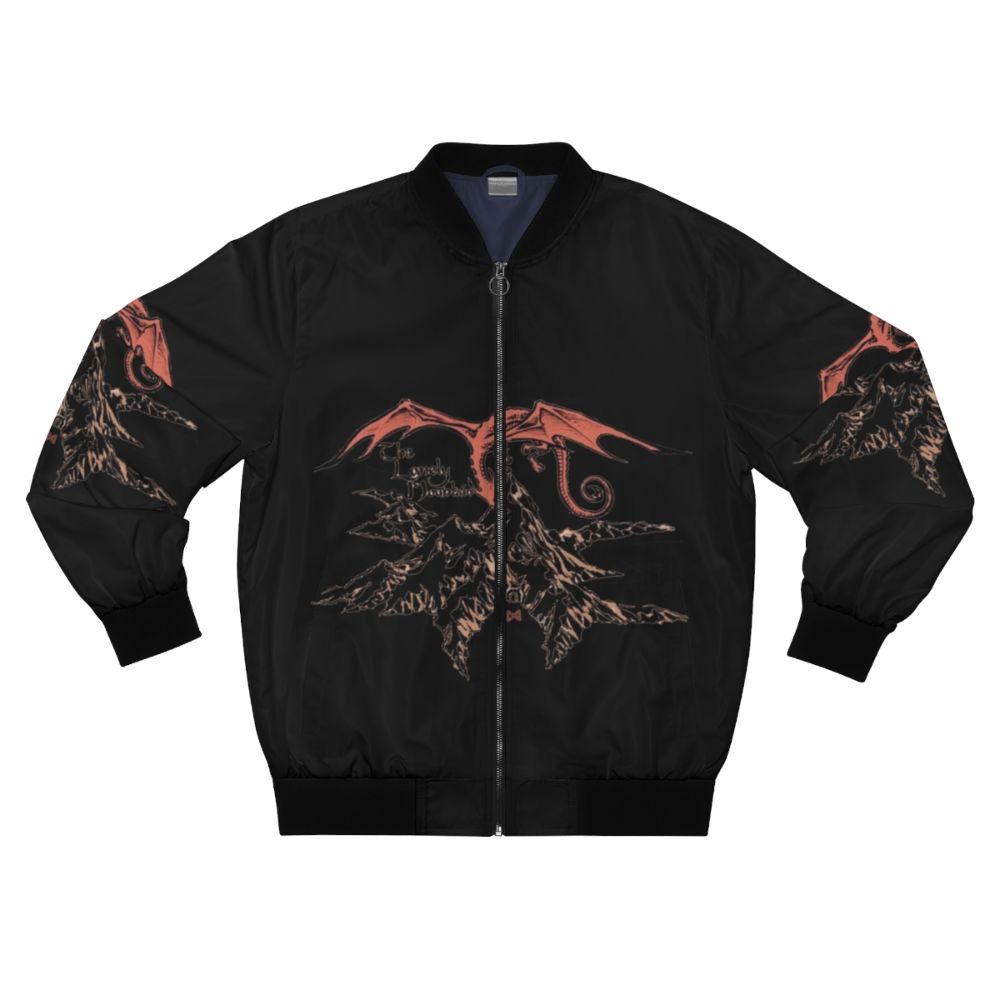 A bomber jacket featuring a dragon design, inspired by the works of J.R.R. Tolkien and the Lord of the Rings fantasy universe.