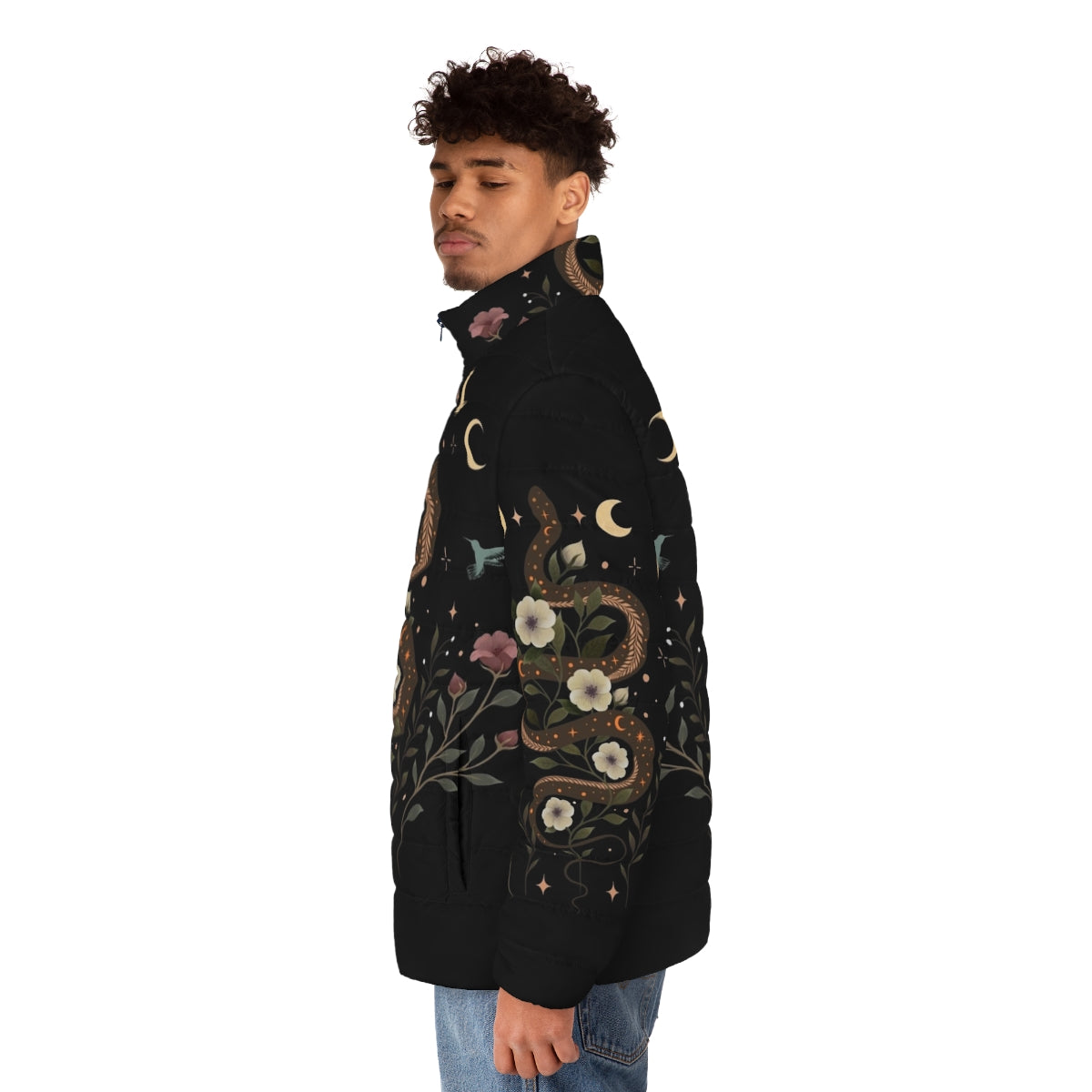 Serpent Spell Puffer Jacket in Mystical Botanical and Moonlight Design - men side left