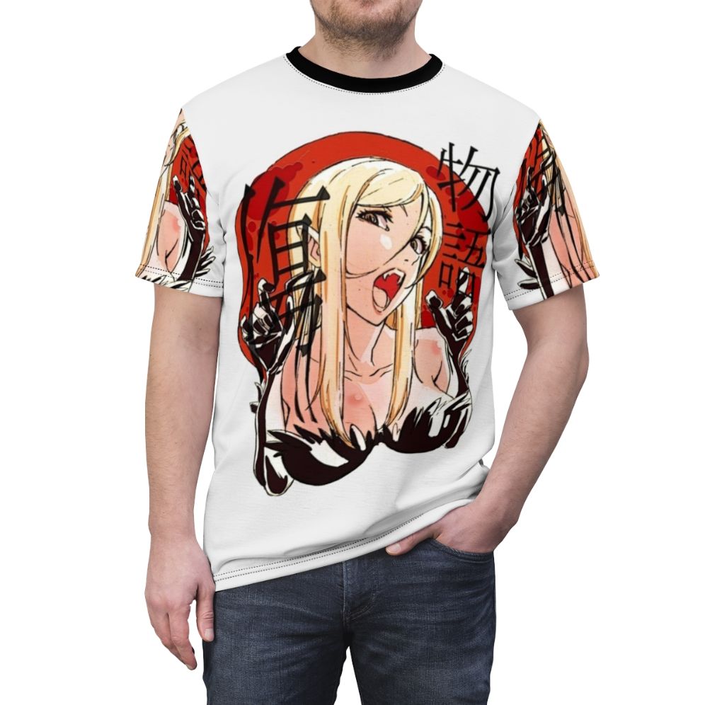 Stylized t-shirt design featuring the character Kiss Shot from the Monogatari anime series - men front