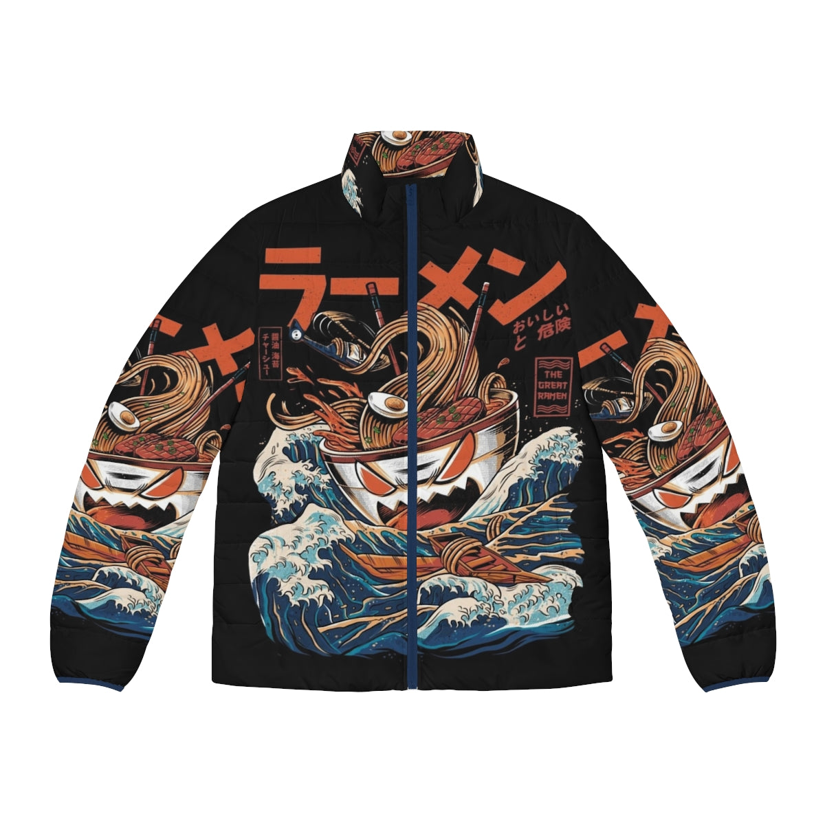 A stylish puffer jacket featuring a retro anime-inspired ramen design