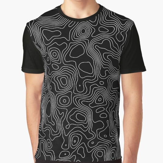 Minimalist topographic contour lines abstract graphic design on a t-shirt