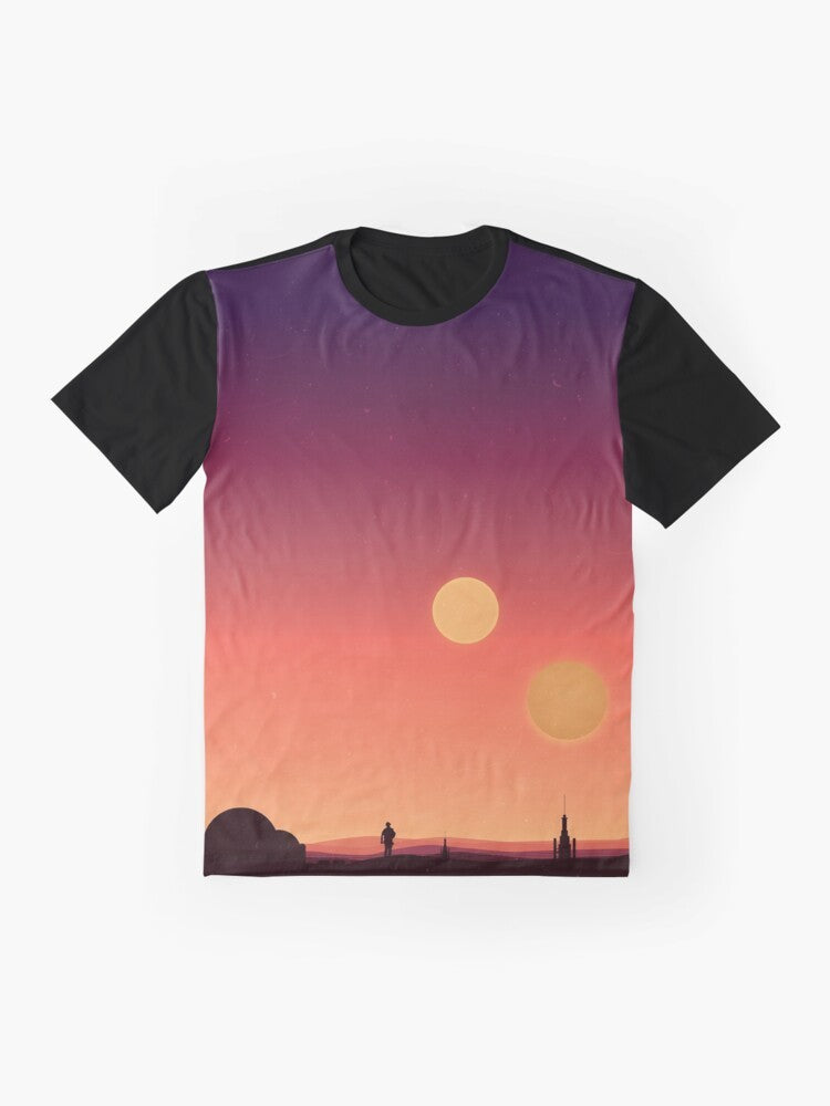 A graphic t-shirt design featuring the iconic planet Tatooine from the Star Wars universe, with its twin suns in the desert landscape. - Flat lay