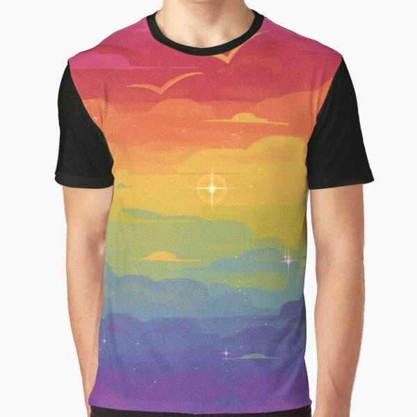 Gay Pride Skies Graphic T-Shirt featuring a colorful rainbow design