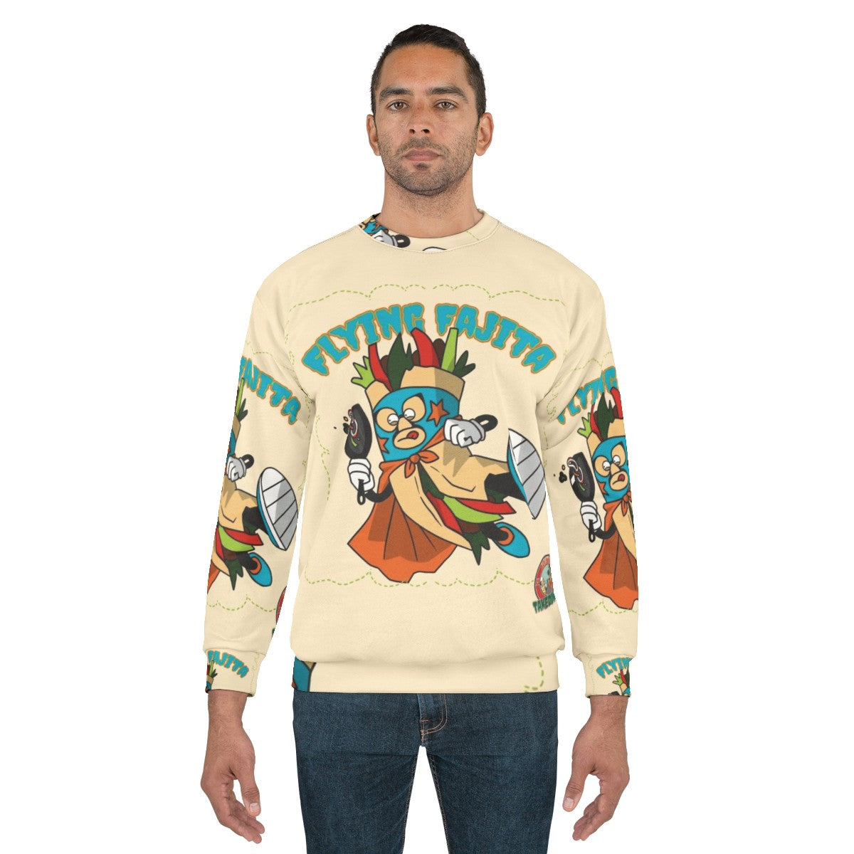 Mexican wrestling sweatshirt with tortilla takedown design - men