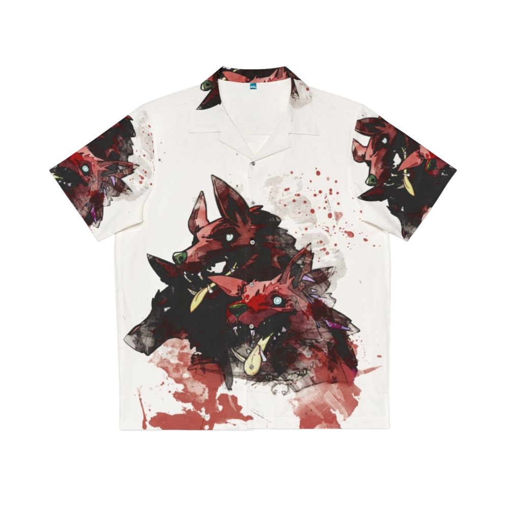 Cerberus hound of hades painting on a colorful hawaiian shirt