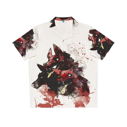 Cerberus hound of hades painting on a colorful hawaiian shirt