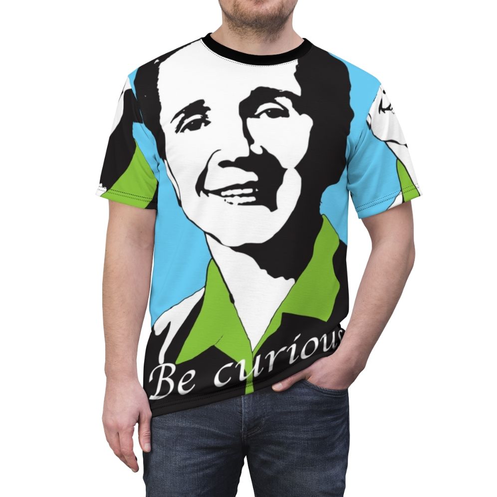 Stylish t-shirt featuring the portrait of influential environmental activist Rachel Carson - men front