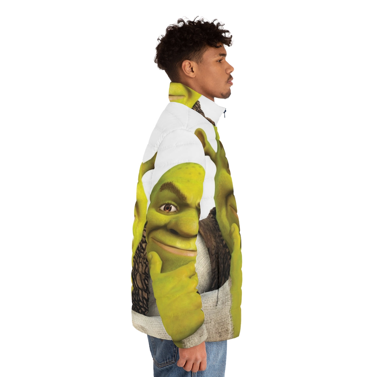 Shrek themed puffer jacket with the iconic ogre character design - men side right