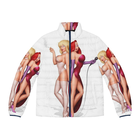 Retro puffer jacket with Jessica Rabbit and Holli Wood cartoon designs