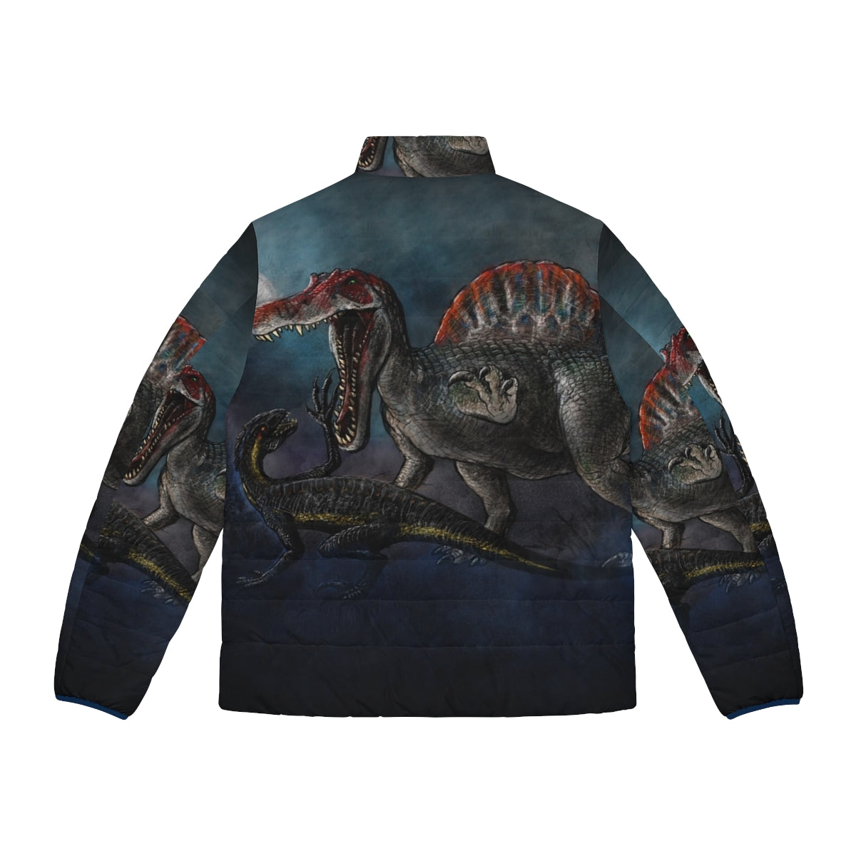 Spinosaurus vs Indominus Rex dinosaur battle puffer jacket - Back