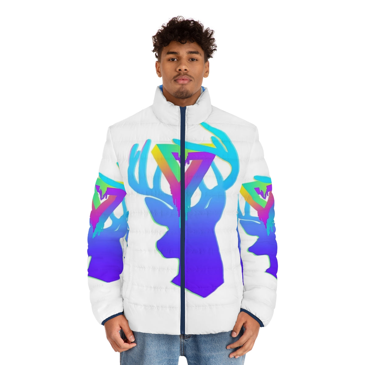 Neon deer print acrylic puffer jacket - men front