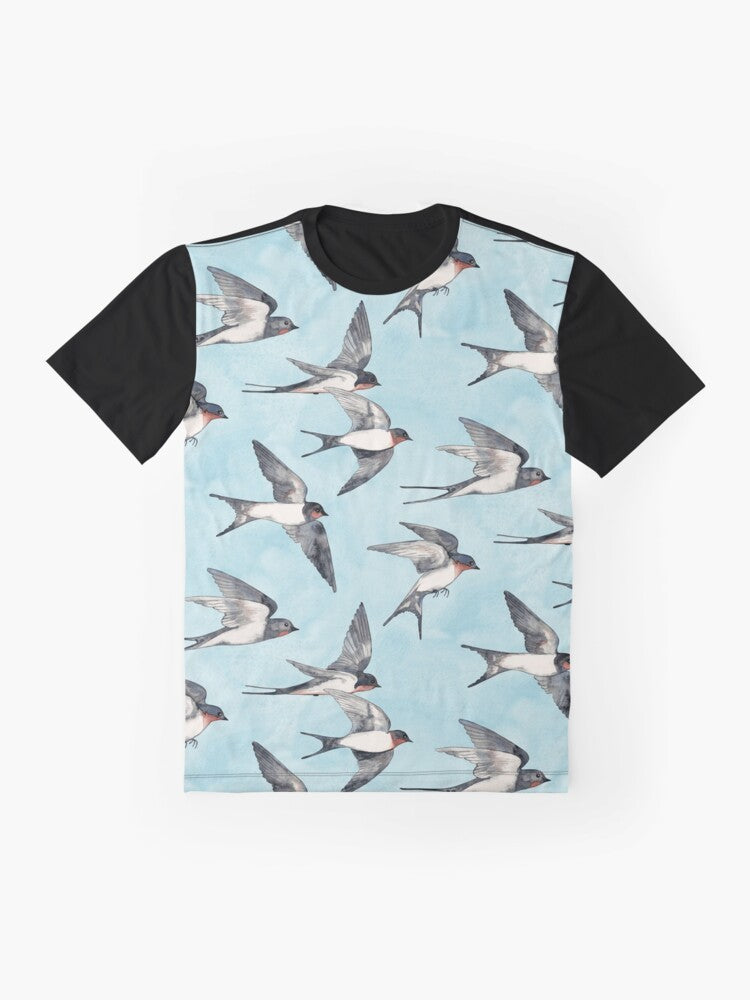 Watercolor illustration of swallows in flight against a blue sky background - Flat lay