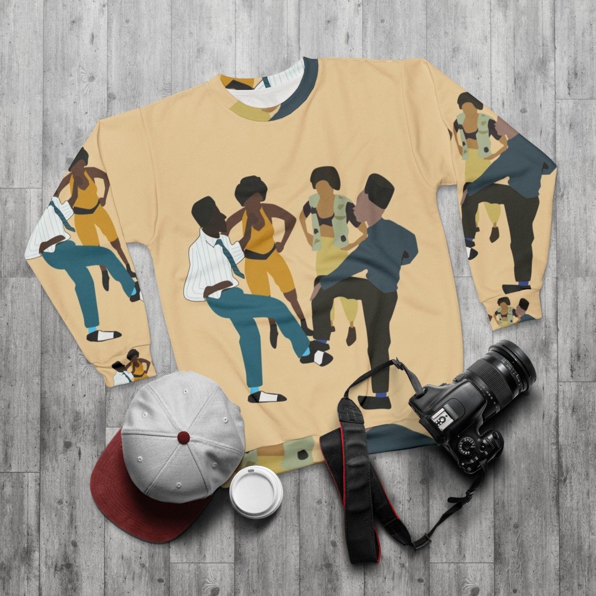 Retro 90s House Party Sweatshirt featuring Hip Hop Art - flat lay