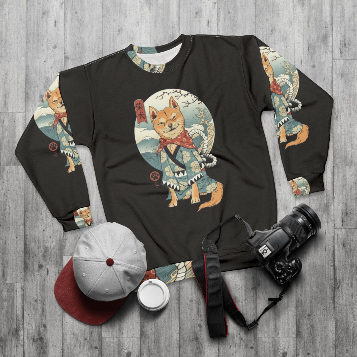 Shiba Inu Sweatshirt featuring Japanese Woodblock Art - flat lay