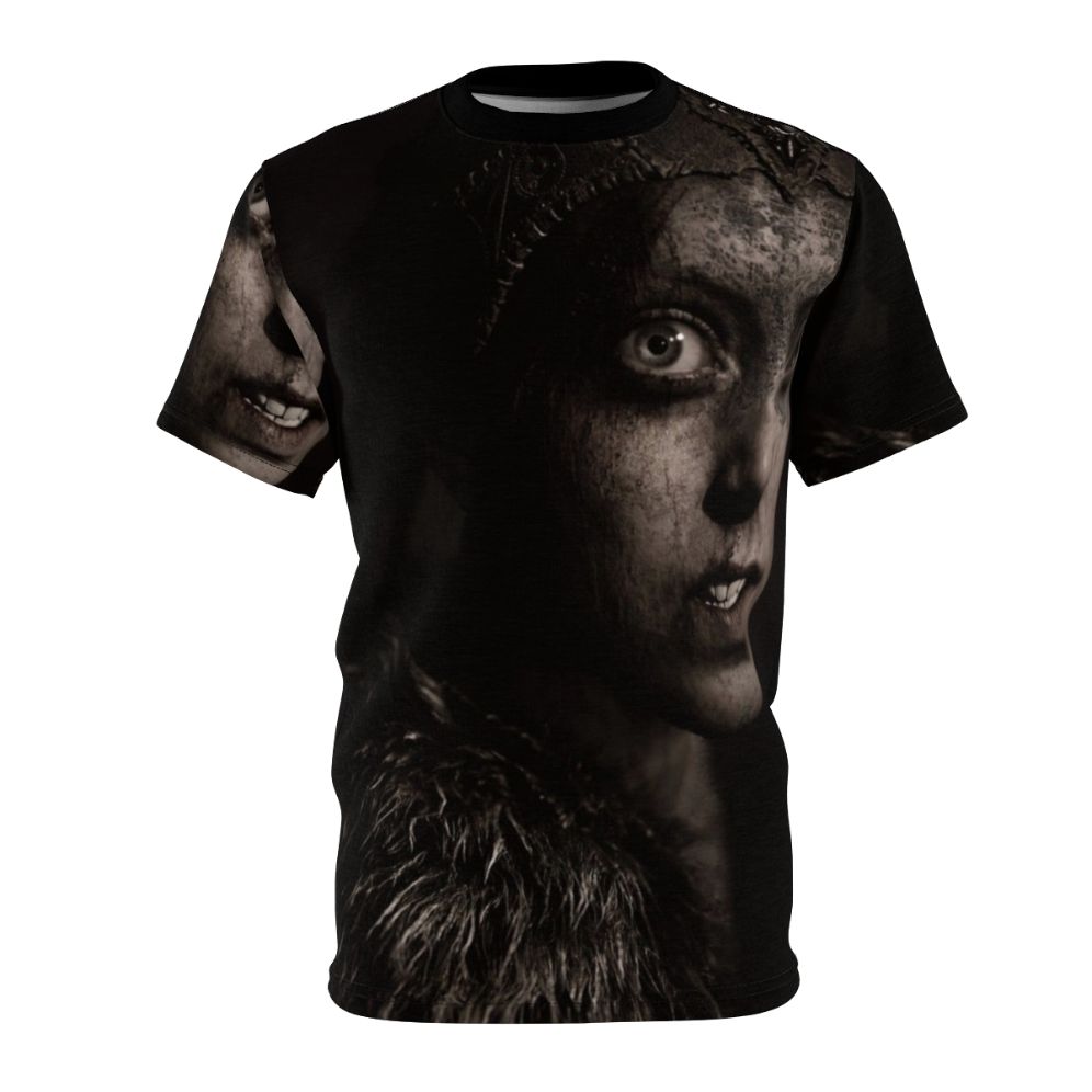 Model wearing a high-quality t-shirt featuring a dark fantasy design inspired by the Hellblade: Senua's Sacrifice video game.