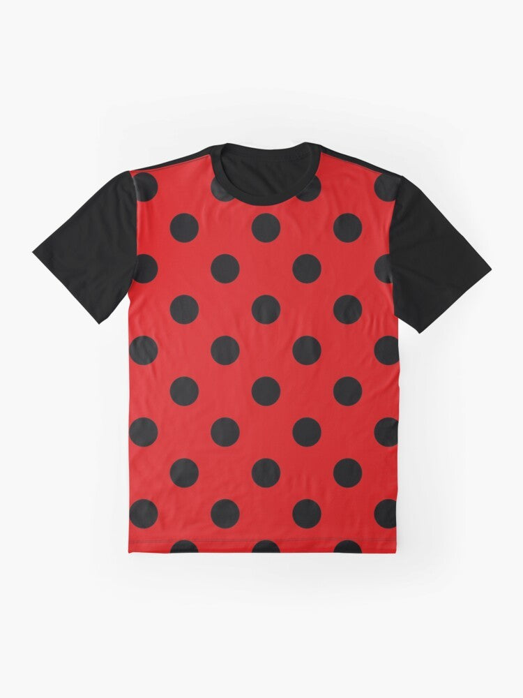 Elegant extra large black on red polka dots graphic t-shirt - Flat lay