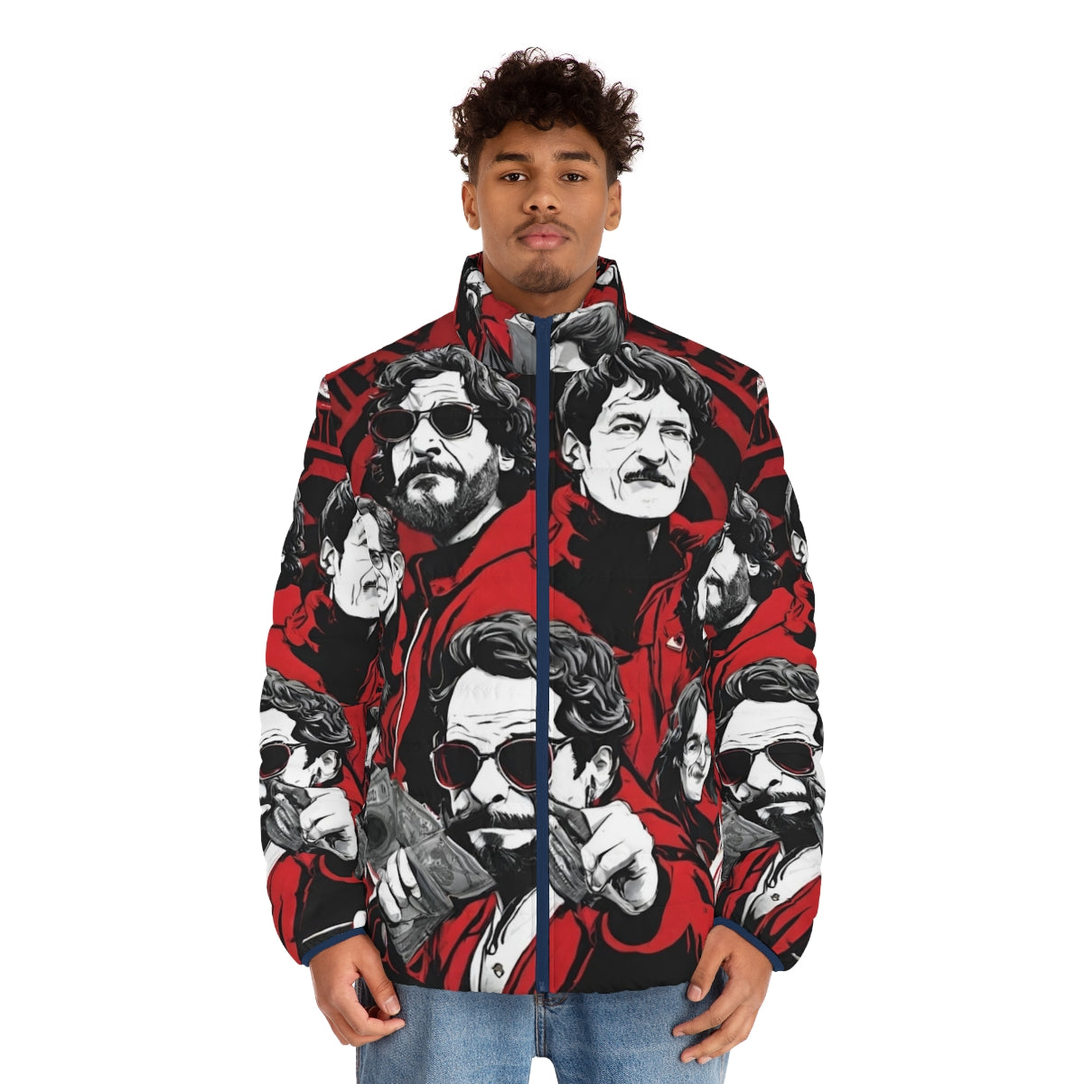 "Money Heist Inspired Puffer Jacket featuring fan art of the show's characters" - men front