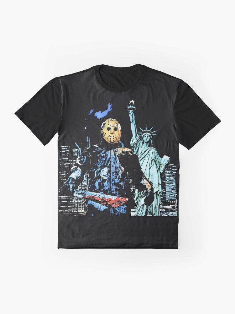 "Jason Takes Manhattan" graphic t-shirt featuring the iconic hockey mask and blood-spattered design from the Friday the 13th horror franchise - Flat lay