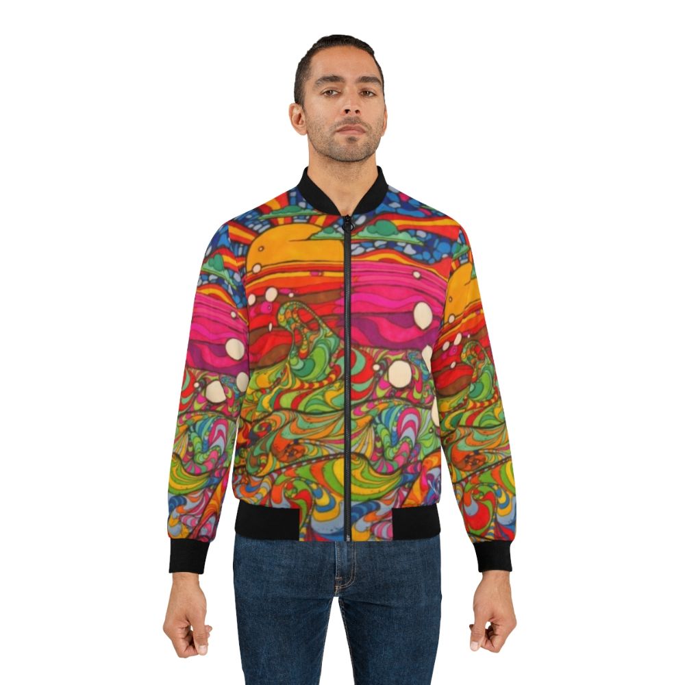 Psychedelic trippy colorful vintage bomber jacket with abstract geometric and native American inspired patterns - Lifestyle